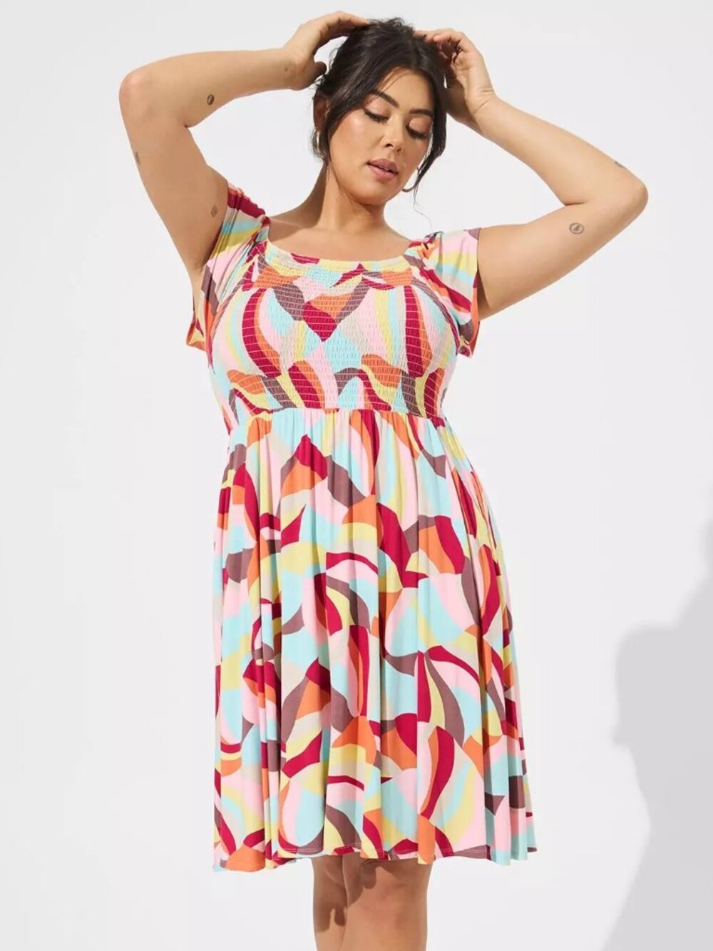Torrid Mini Super Soft Off-Shoulder Dress in Abstract size 1X